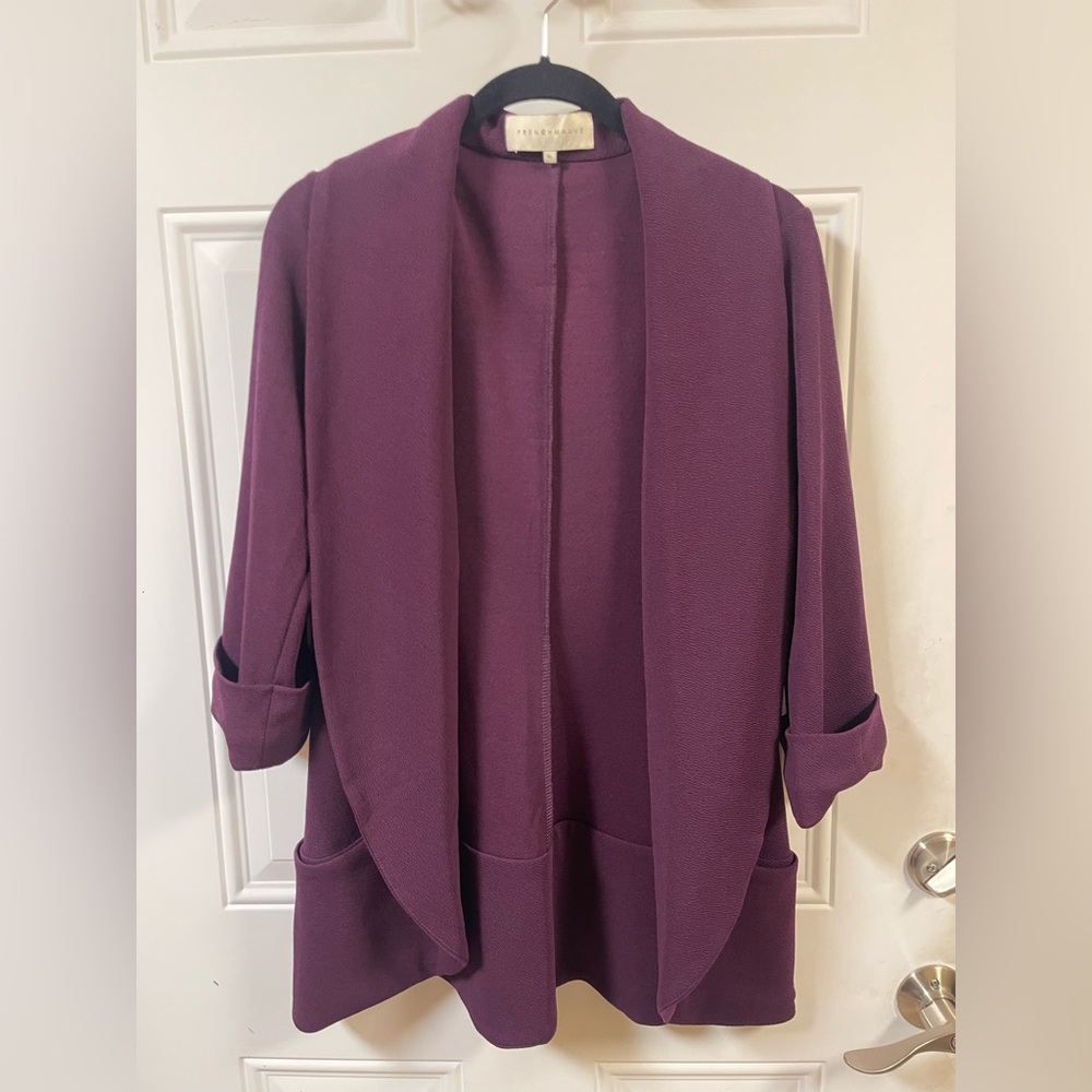 French Mauve Blazer - Open Front Quarter Sleeve Blazer Purple Roll Sleeve Pocket
